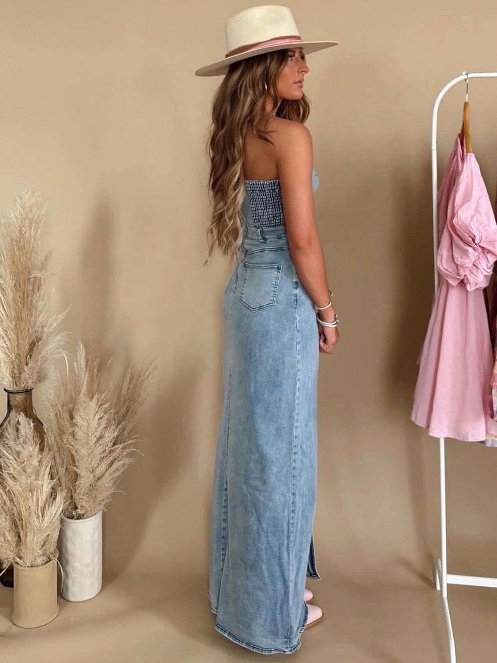 Light Blue Denim Strapless Maxi Jeans Dress